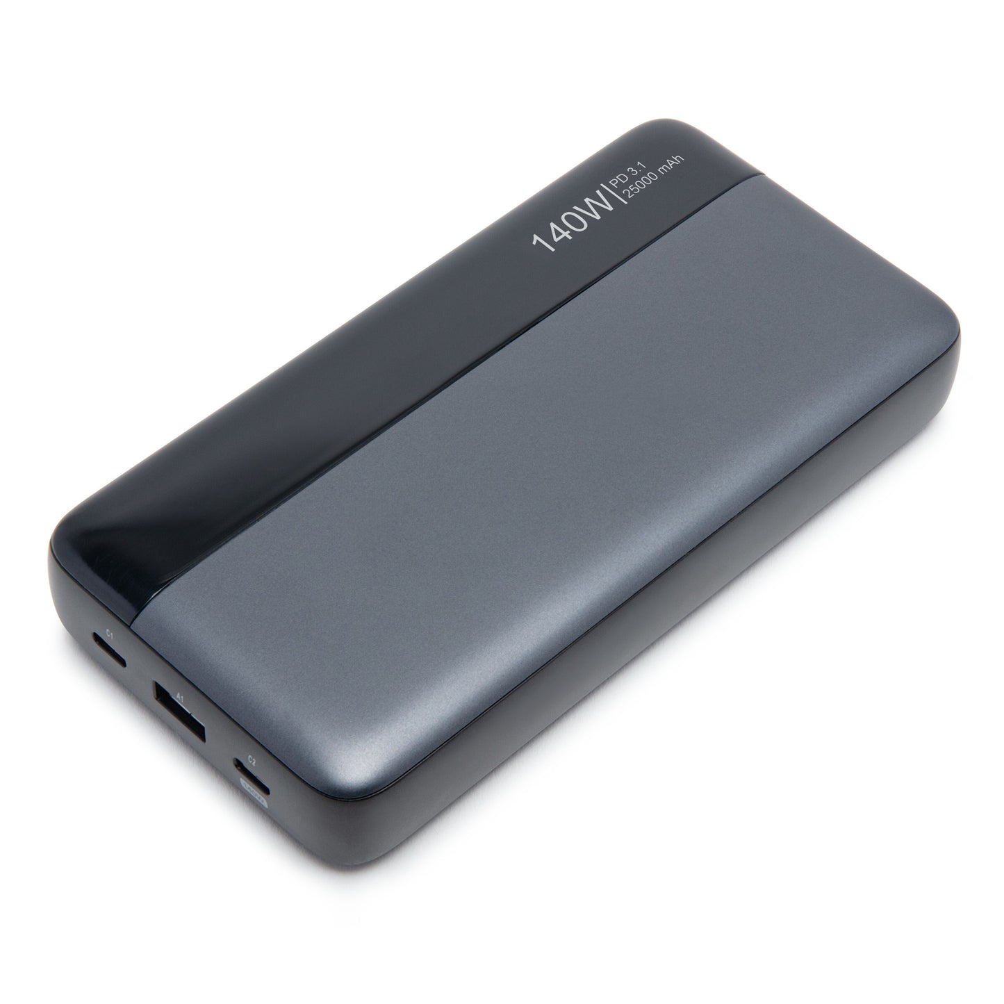 Powerbank 140W 25000mAh grå/sort med flere synlige opladningsporte.