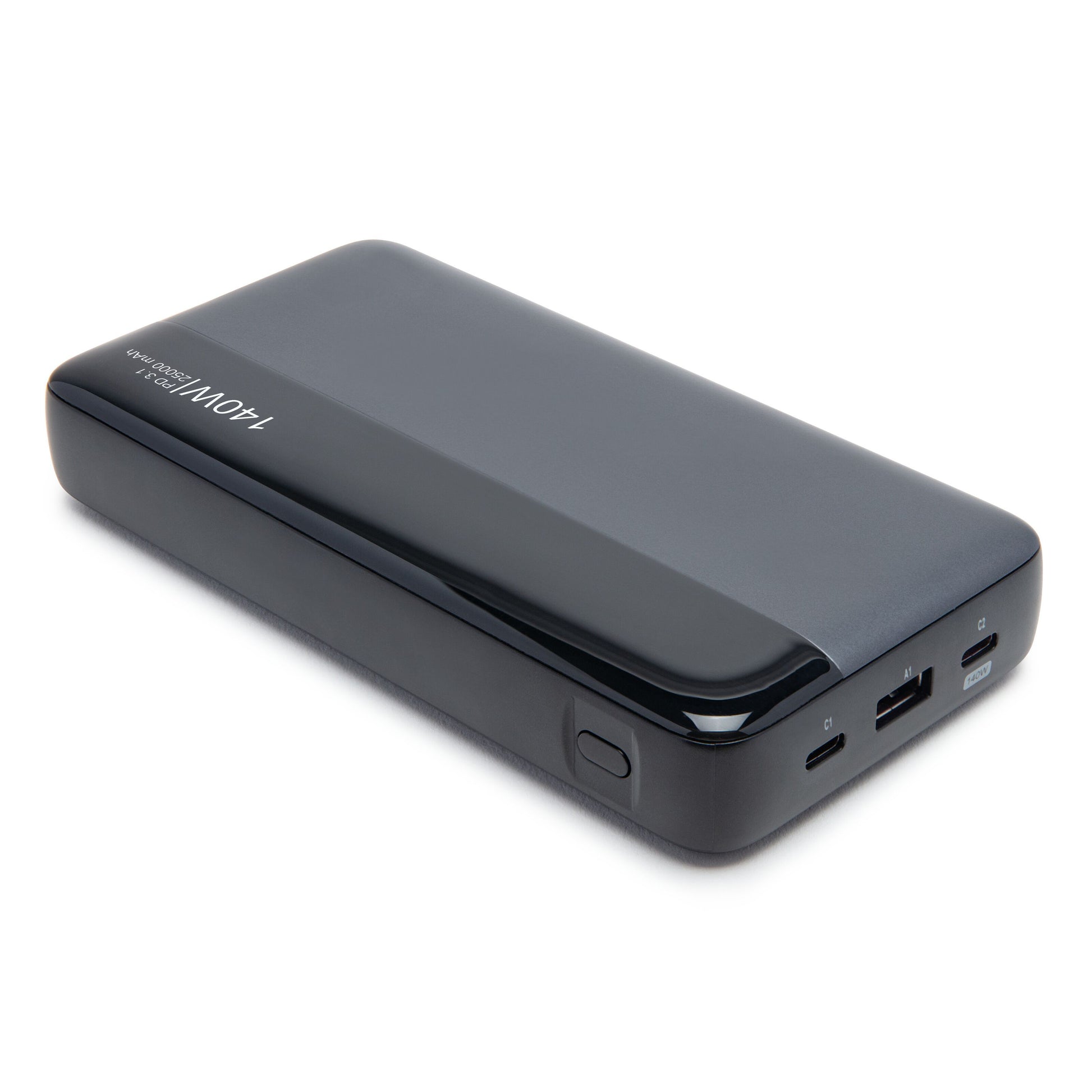Linocell powerbank 140 W 25000 mAh, flere opladningsporte, kompakt design med sideknap, synligt logo på toppen.