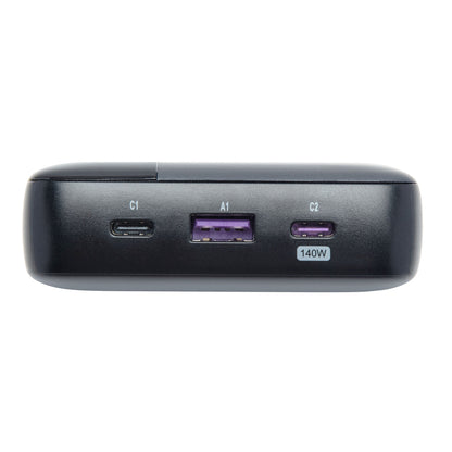 Linocell powerbank 140W 25000mAh sort, USB-C port C1/C2 (140W), lille USB-A port A1, nærbillede.