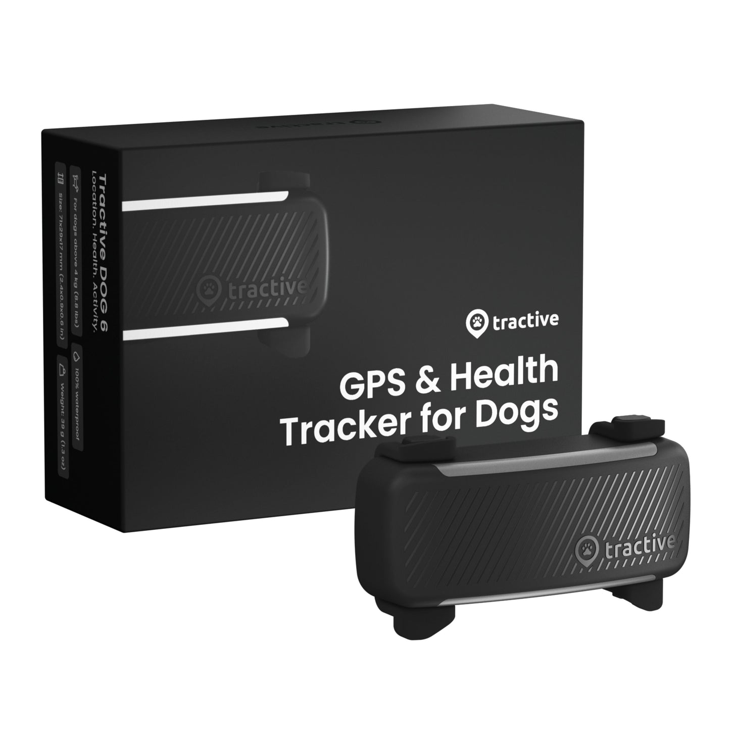 Tractive HUND 6 GPS-tracker sort med æske "GPS  Health Tracker for Dogs", 14 dages batteritid til hundehalsbånd.