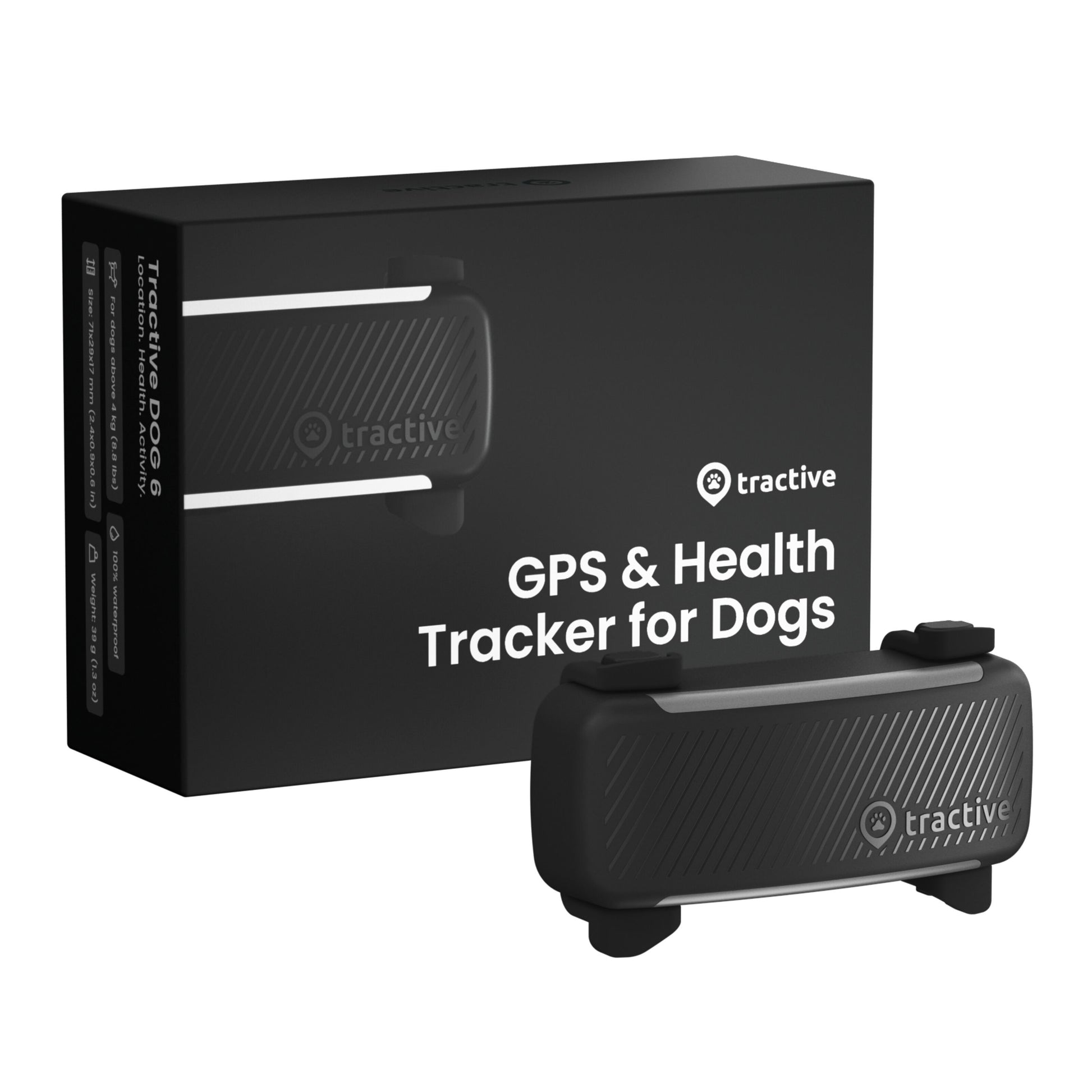 Tractive HUND 6 GPS-tracker sort med æske "GPS  Health Tracker for Dogs", 14 dages batteritid til hundehalsbånd.