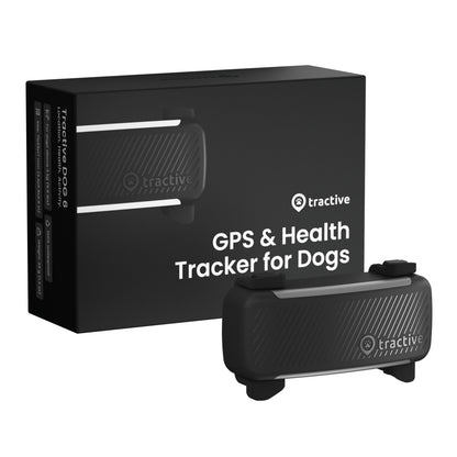 Tractive HUND 6 GPS-tracker sort med æske "GPS  Health Tracker for Dogs", 14 dages batteritid til hundehalsbånd.