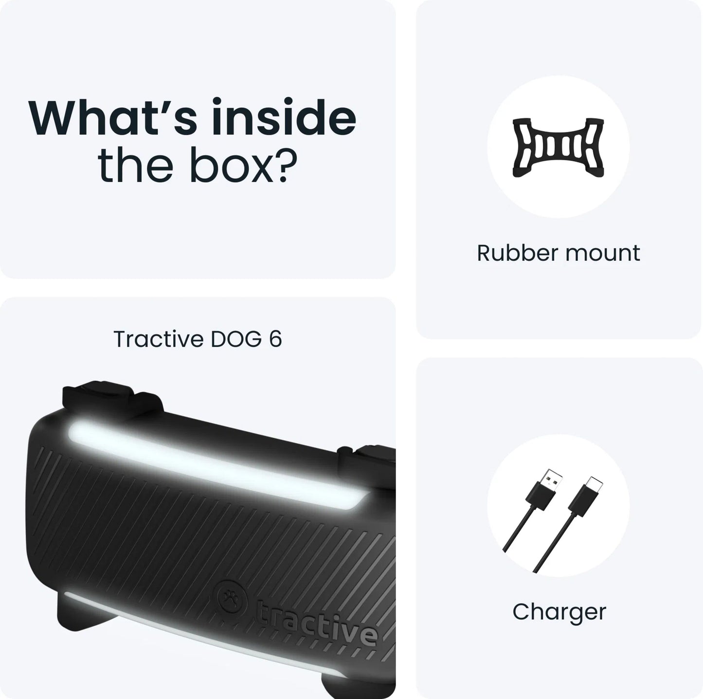 Tractive HUND 6 sort GPS-tracker, gummibeslag til hundehalsbånd, USB-oplader, æske med indholdsliste.