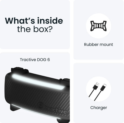 Tractive HUND 6 sort GPS-tracker, gummibeslag til hundehalsbånd, USB-oplader, æske med indholdsliste.