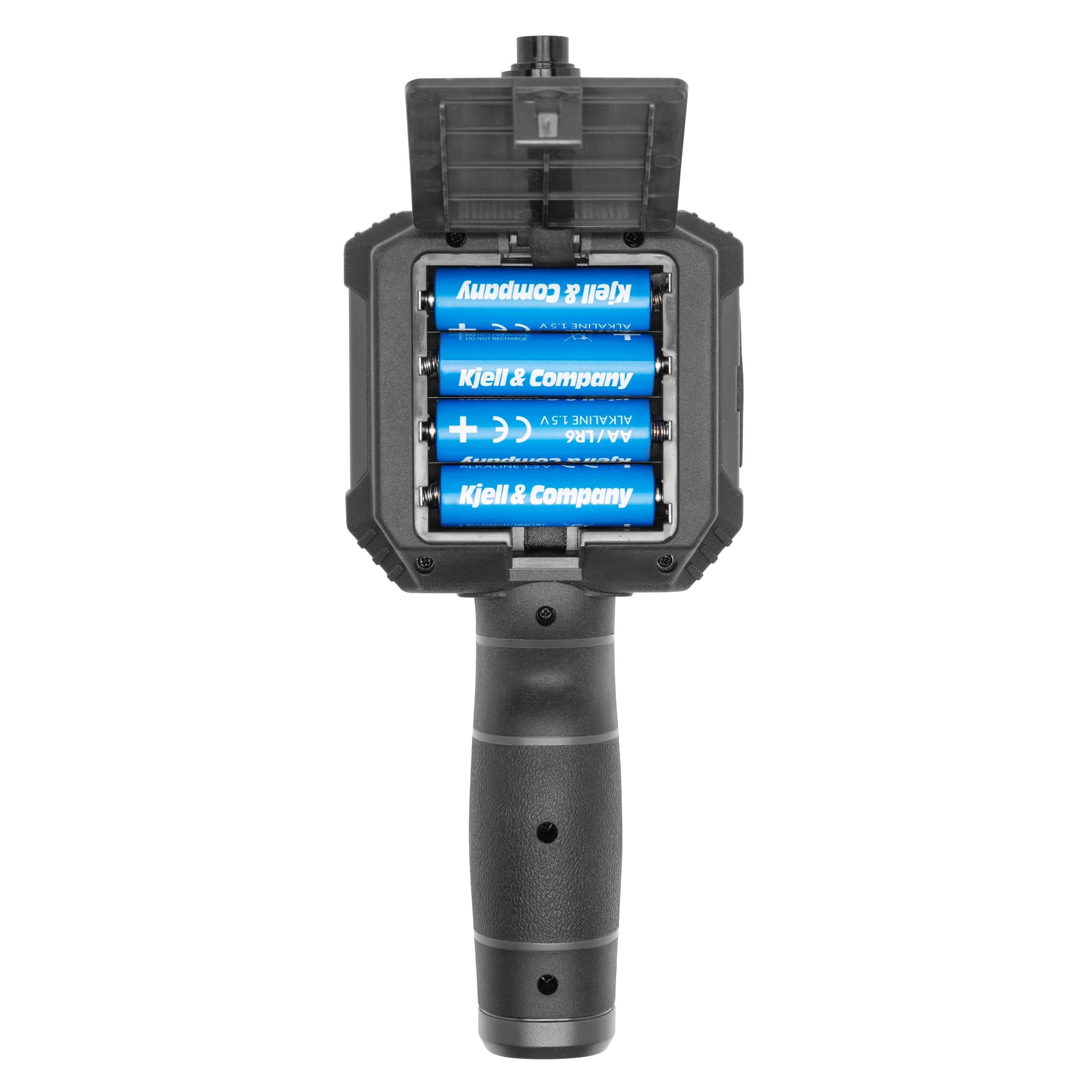 Luxorparts Inspektionskamera LCD 1,2m sort håndtag, åbent batterirum med fire AA-batterier, flip-låg over batterierne.