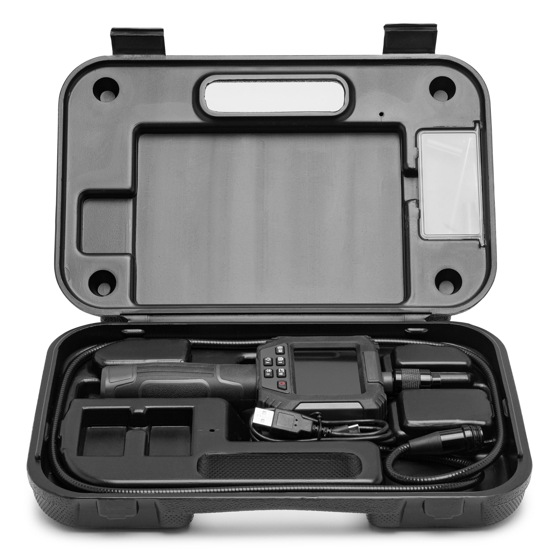 Luxorparts Inspektionskamera LCD 1,2m i sort hardcase med skærm, knapper og kameraledning i skumindlæg.