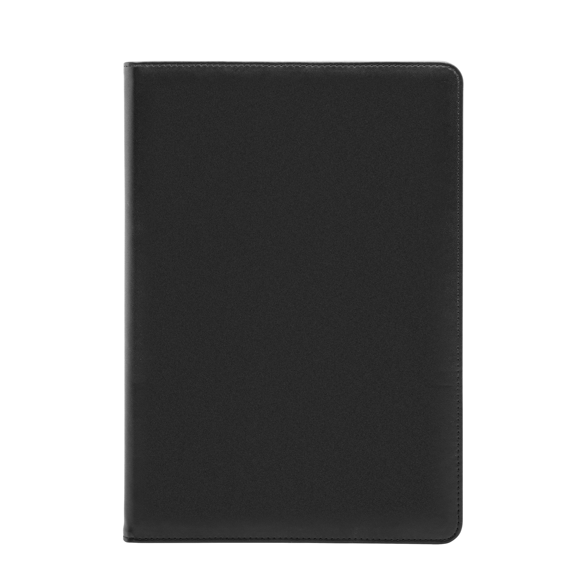 Sort lukket notesbog med afrundede hjørner, slankt design som etuiet til iPad 10.2-serien.