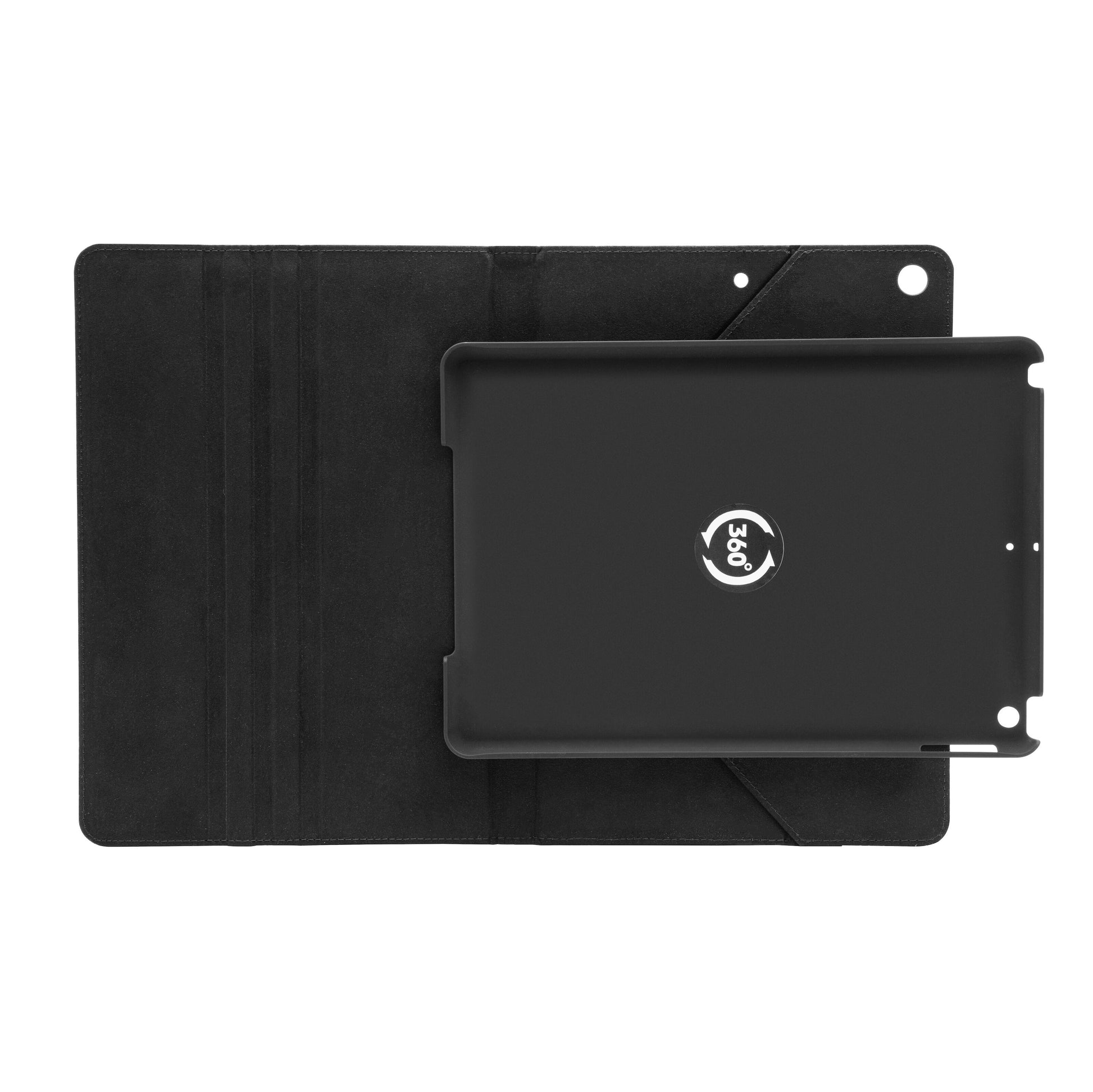 Slankt drejeligt etui til iPad 10,2" med 360° roterende holder, indvendige riller og åbninger til kamera og knapper.