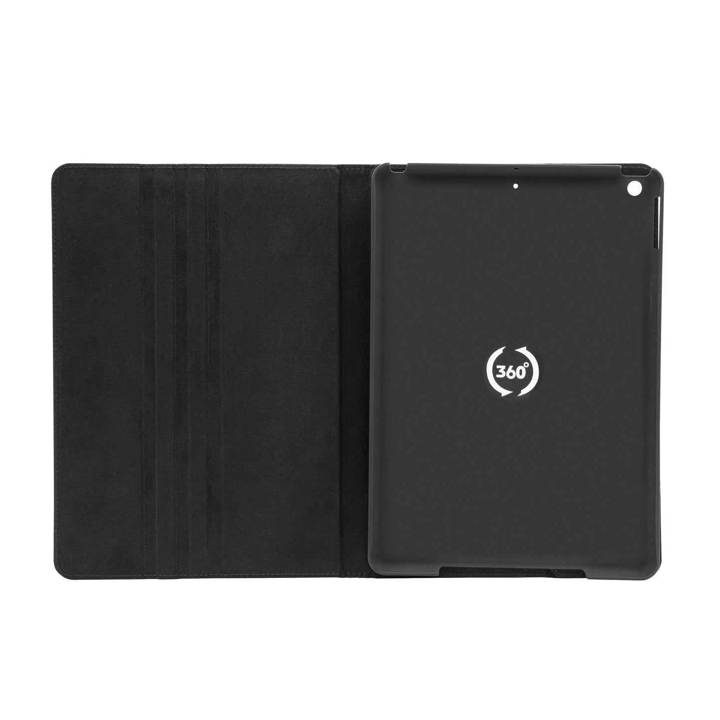 Sort Slank drejelig etui til iPad 10,2" med indvendige riller til venstre og rundt rotationssymbol til højre.