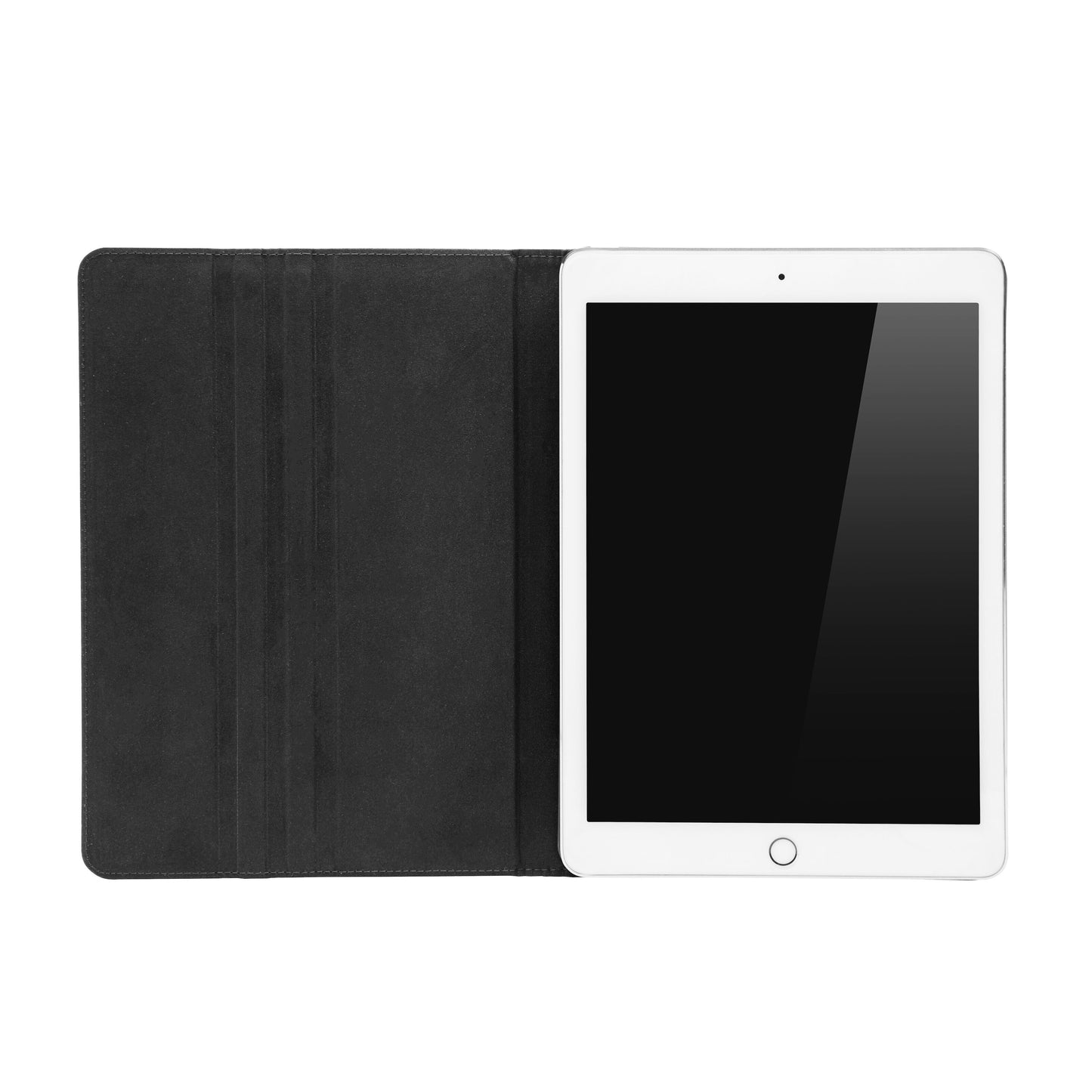 IPad 10 hvid med sort skærm i åbent slankt drejeligt etui til iPad 10,2-serien ligger fladt på overflade.