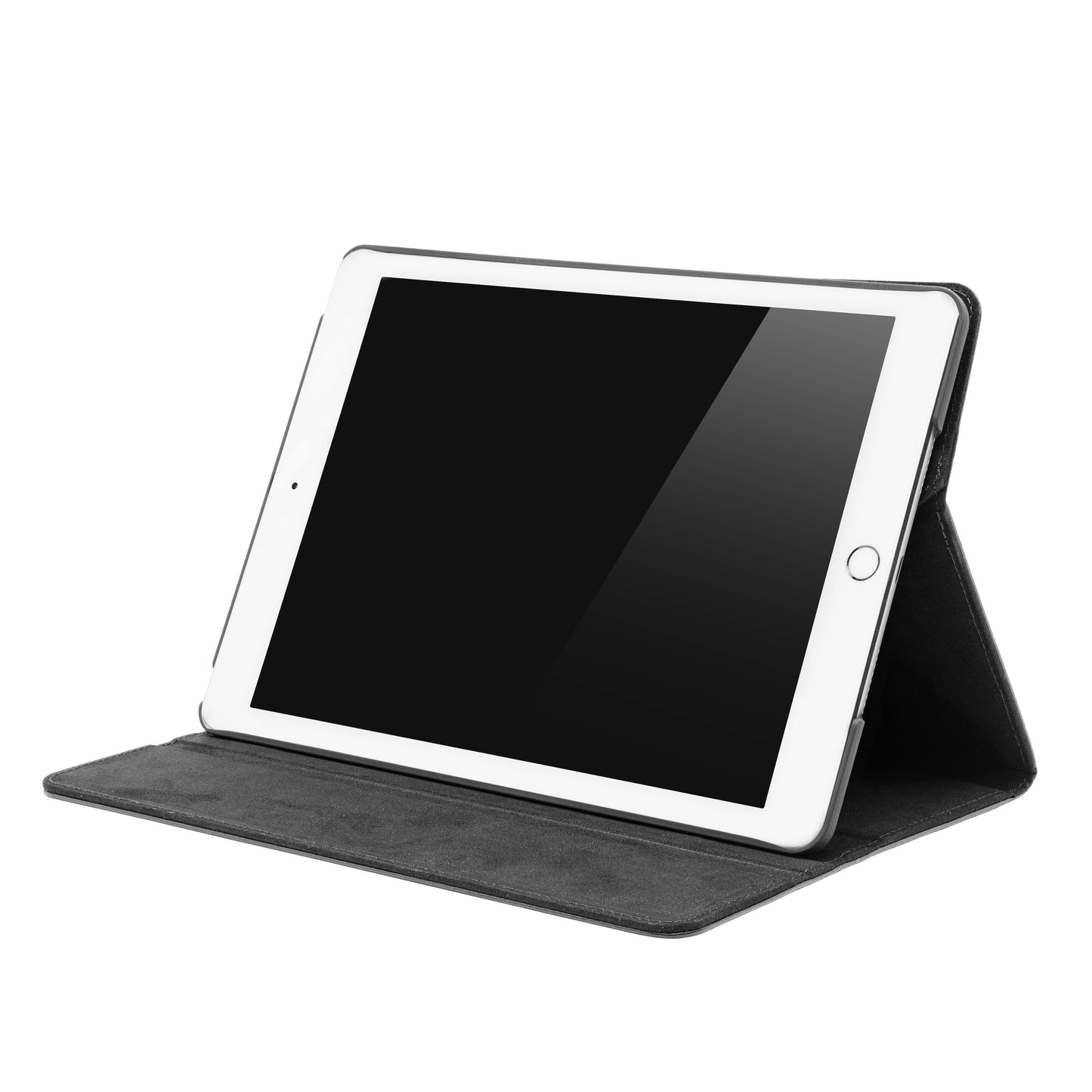 IPad 10, hvid, i landscape med slankt drejeligt etui til iPad 10,2"-serien og skærmen er slukket.