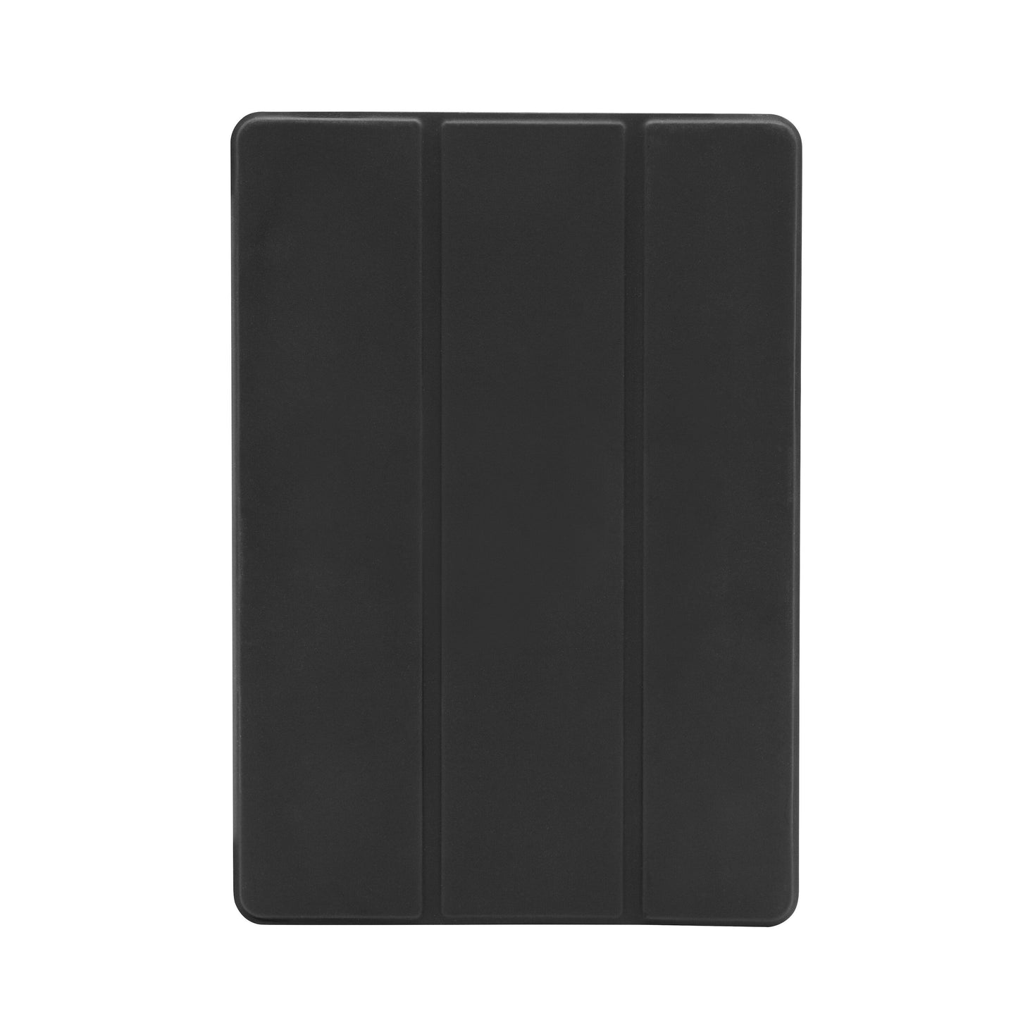 Sort tri-fold etui til iPad 10,2" med standfunktion, sæt lukket ovnfra.