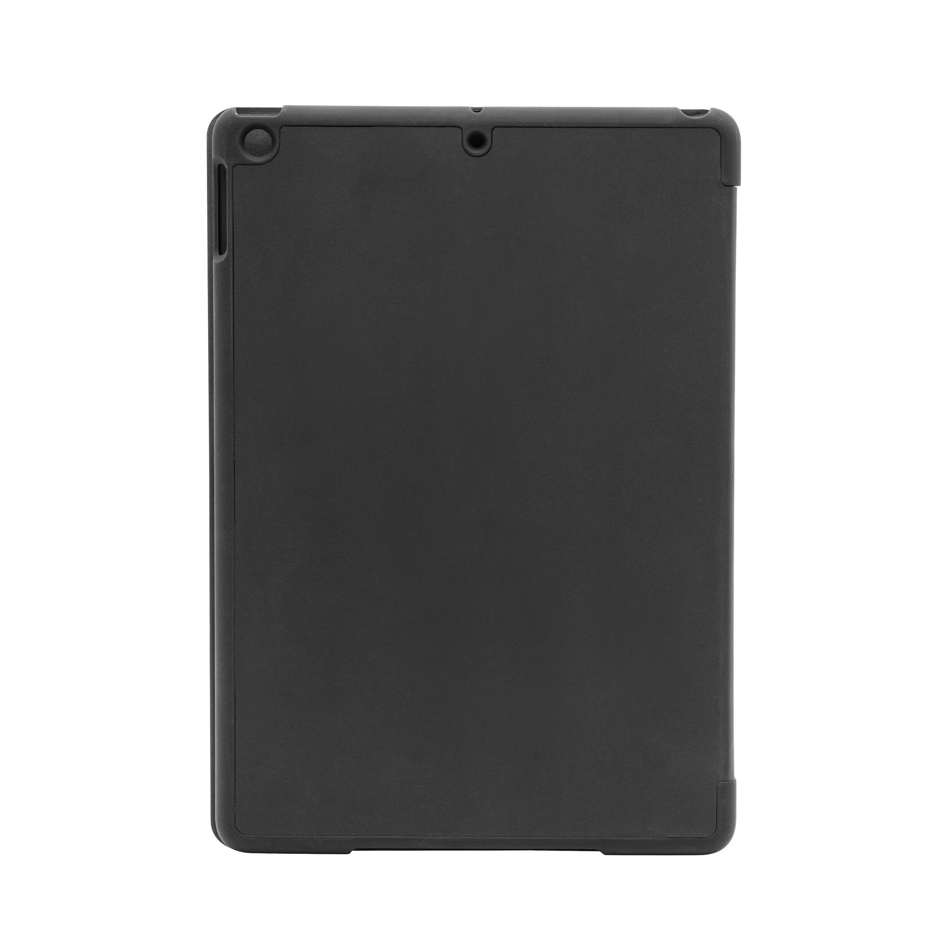 Linocell Tre-lags etui til iPad 10,2", sort, stående med udskæringer til kamera og knapper, standfunktion.
