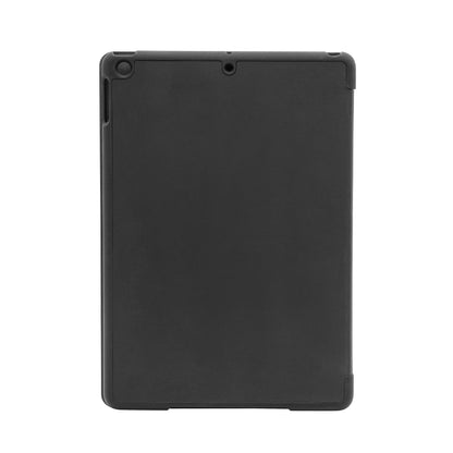 Linocell Tre-lags etui til iPad 10,2", sort, stående med udskæringer til kamera og knapper, standfunktion.