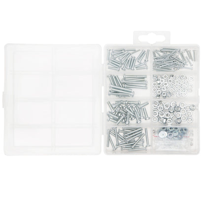 Luxorparts Skruesortiment 330 dele i plastboks med rom, indeholder assorterede skruer, møtrikker og skiver, låg åbent.