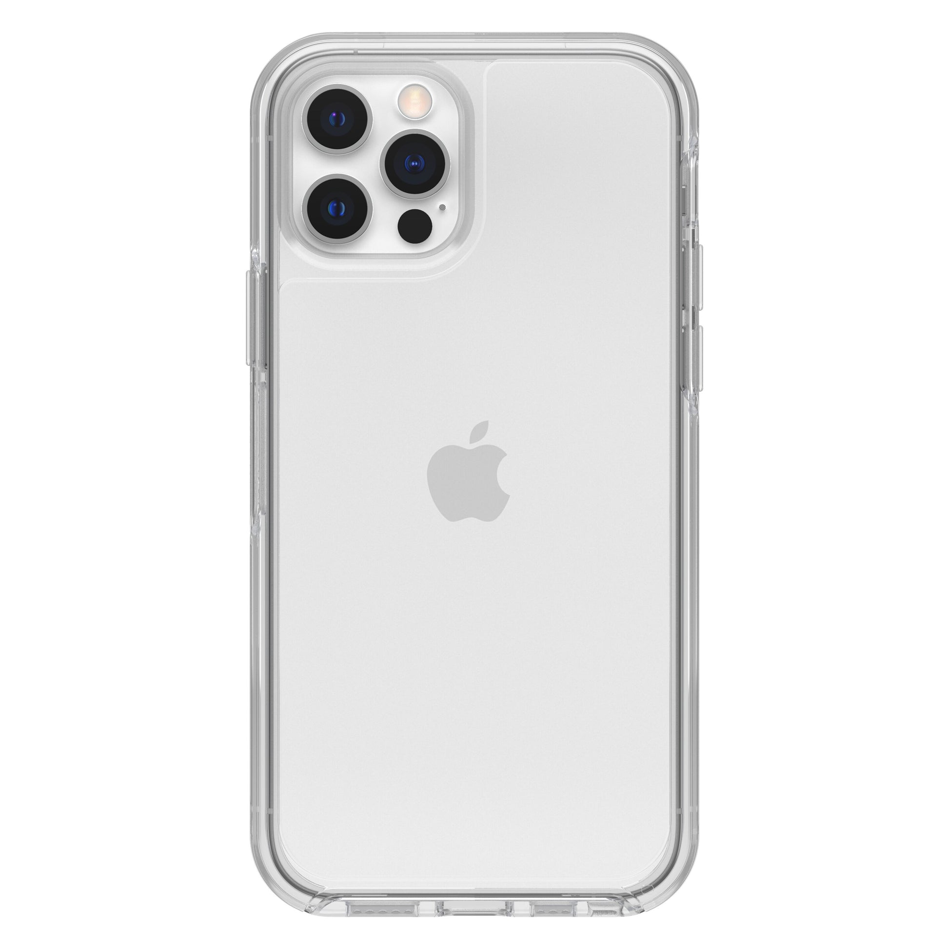 IPhone 12/12 Pro bagside med triple kamera og blitz i gennemsigtigt Slidstærkt cover, Apple-logo synligt.