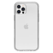 IPhone 12/12 Pro bagside med triple kamera og blitz i gennemsigtigt Slidstærkt cover, Apple-logo synligt.