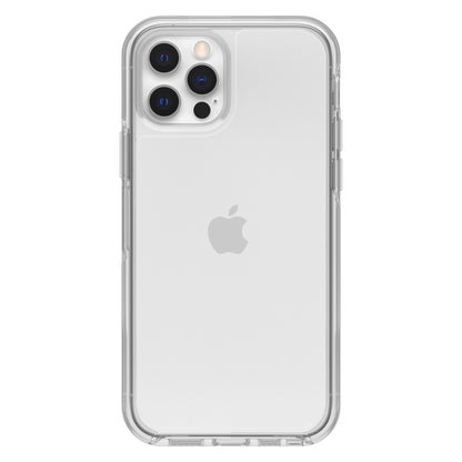 IPhone 12/12 Pro bagside med triple kamera og blitz i gennemsigtigt Slidstærkt cover, Apple-logo synligt.