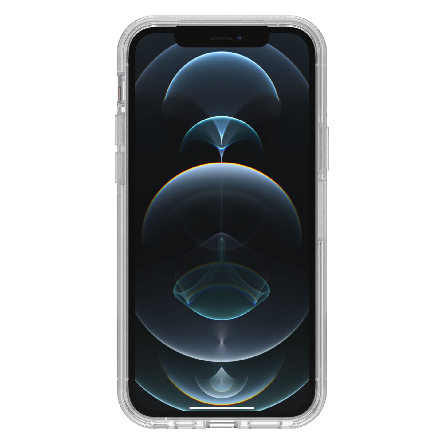 IPhone 12/12 Pro med Otterbox Symmetry Slidstærkt klar cover og abstrakt cirkulært lysskærm-mønster.