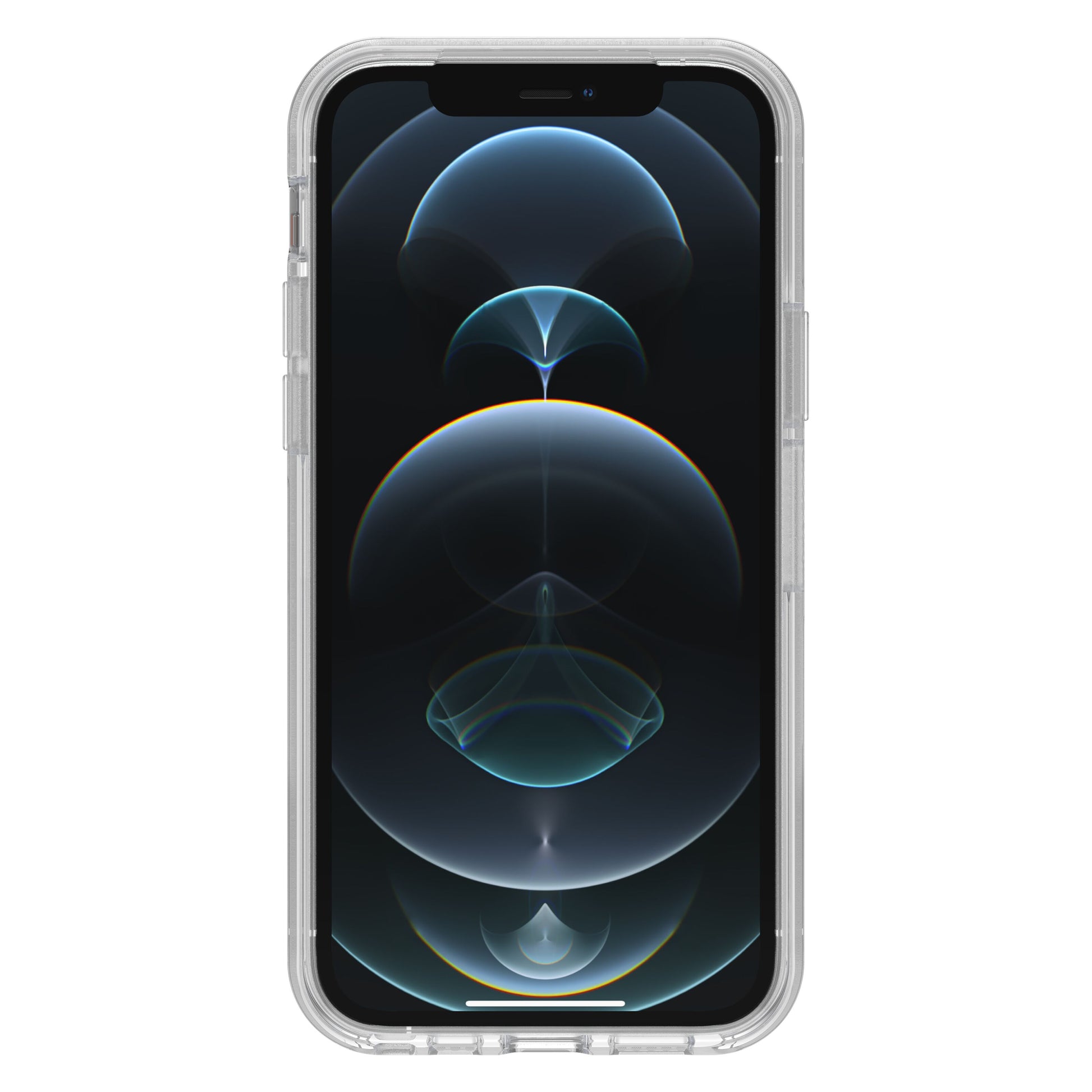 IPhone 12/12 Pro med Otterbox Symmetry Slidstærkt klar cover og abstrakt cirkulært lysskærm-mønster.