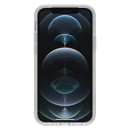 IPhone 12/12 Pro med Otterbox Symmetry Slidstærkt klar cover og abstrakt cirkulært lysskærm-mønster.