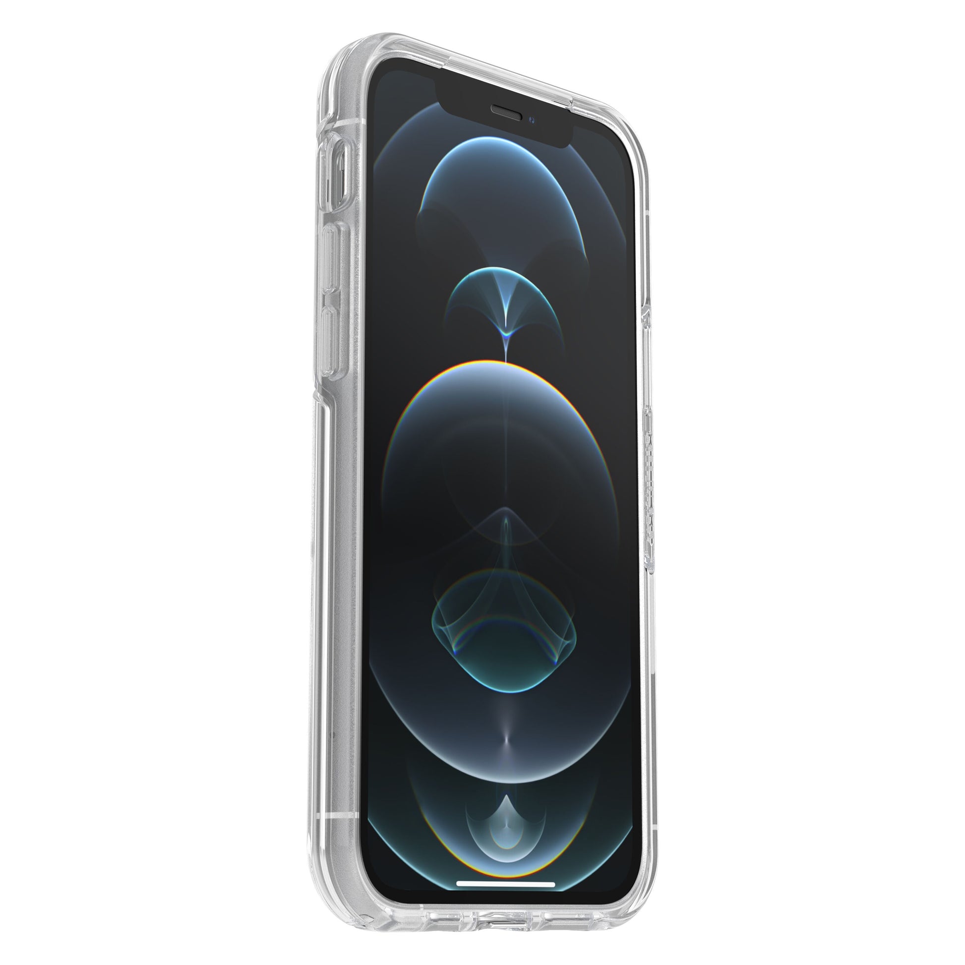 IPhone 12/12 Pro med transparent Otterbox Symmetry Slidstærkt cover Klar, sort skærm med blå/hvide lysmønstre, vinklet venstre.