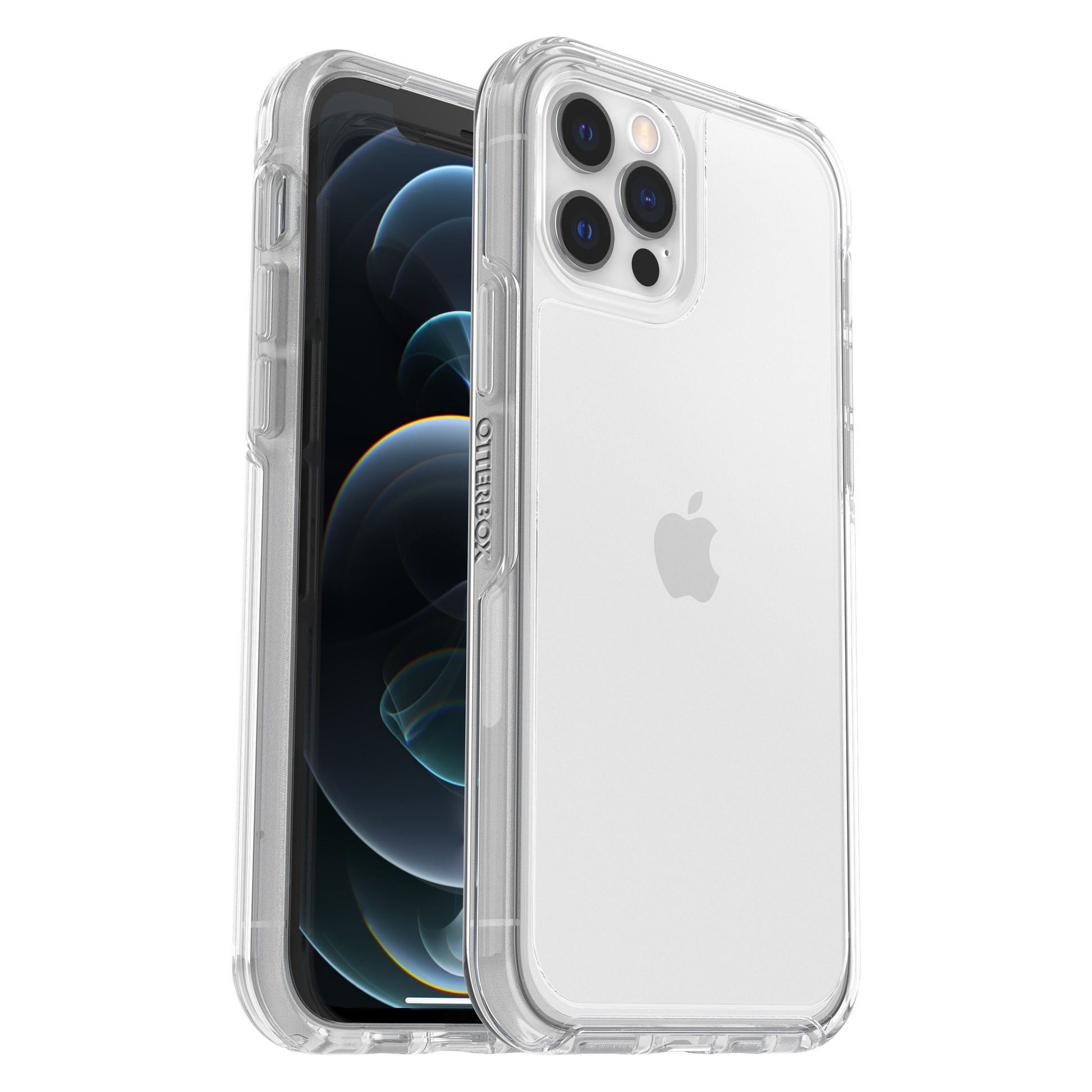 Otterbox Symmetry klar cover til iPhone 12/12 Pro gennemsigtig med forstærkede hjørner og synligt Apple-logo.