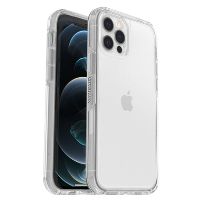 Otterbox Symmetry klar cover til iPhone 12/12 Pro gennemsigtig med forstærkede hjørner og synligt Apple-logo.