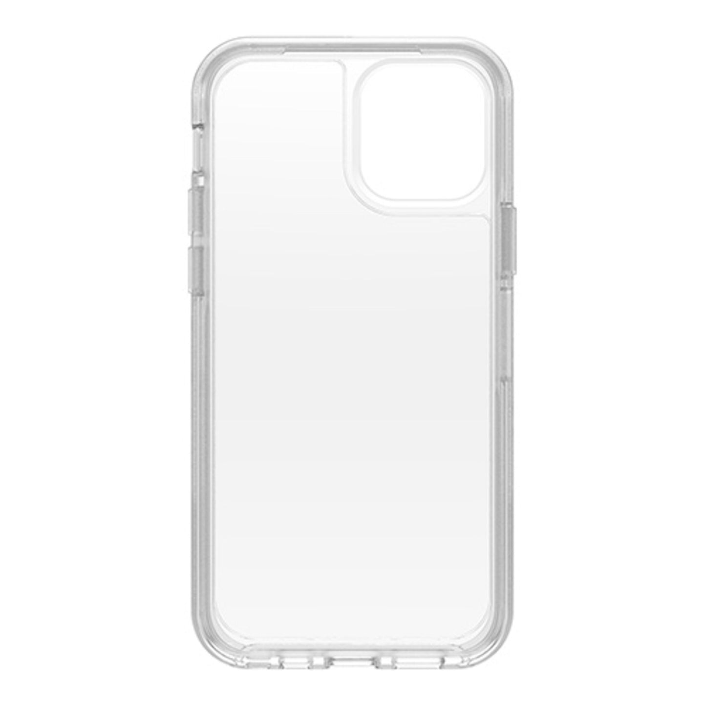 Otterbox Symmetry cover til iPhone 12/12 Pro, klar gennemsigtig med afrundede kanter og udsparinger til kamera, knapper, porte.