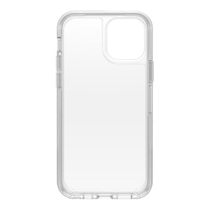Otterbox Symmetry cover til iPhone 12/12 Pro, klar gennemsigtig med afrundede kanter og udsparinger til kamera, knapper, porte.