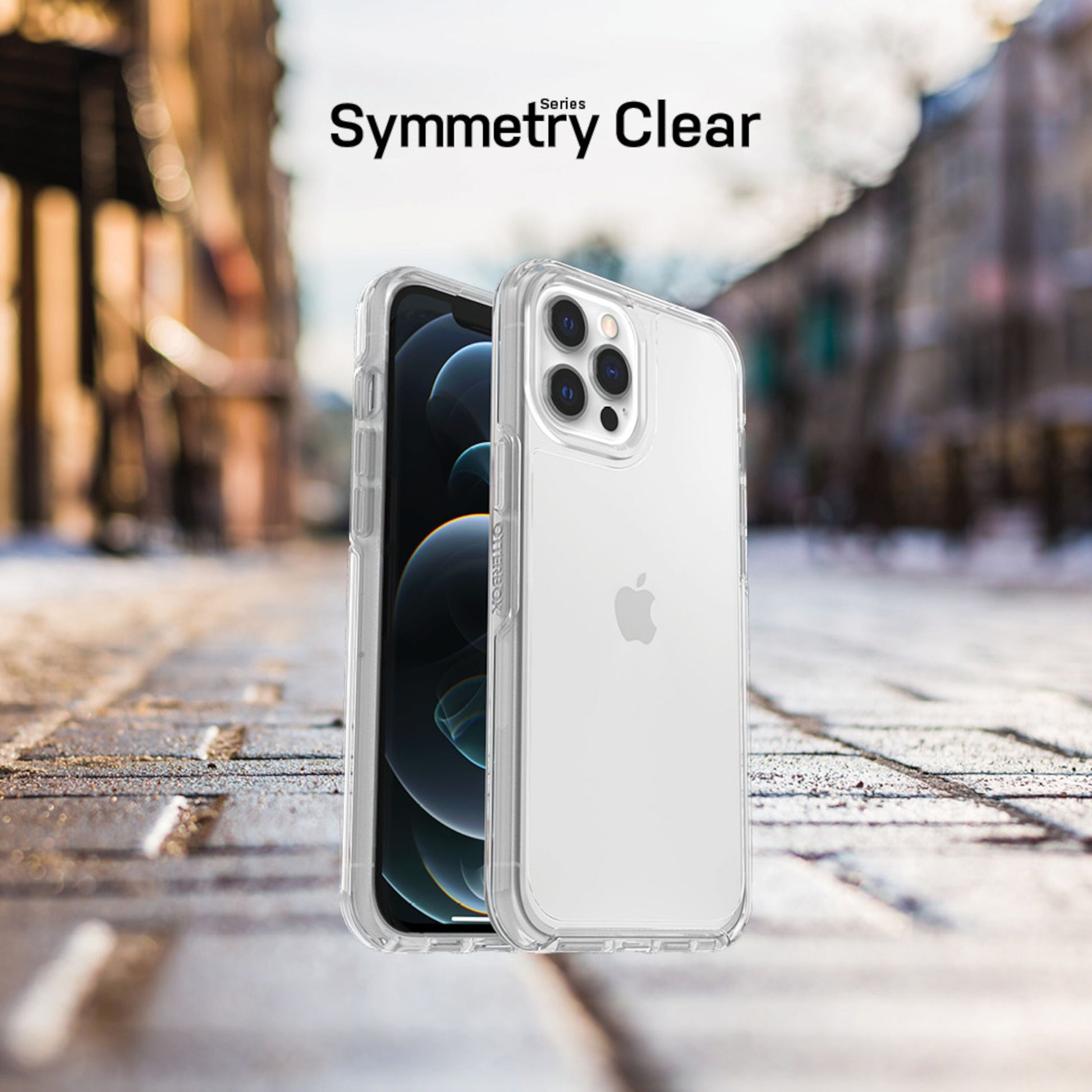 Otterbox Symmetry cover til iPhone 12/12 Pro Klar på stående iPhone 12, Otterbox logo og Symmetry Series vises øverst.