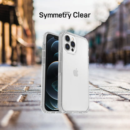 Otterbox Symmetry cover til iPhone 12/12 Pro Klar på stående iPhone 12, Otterbox logo og Symmetry Series vises øverst.