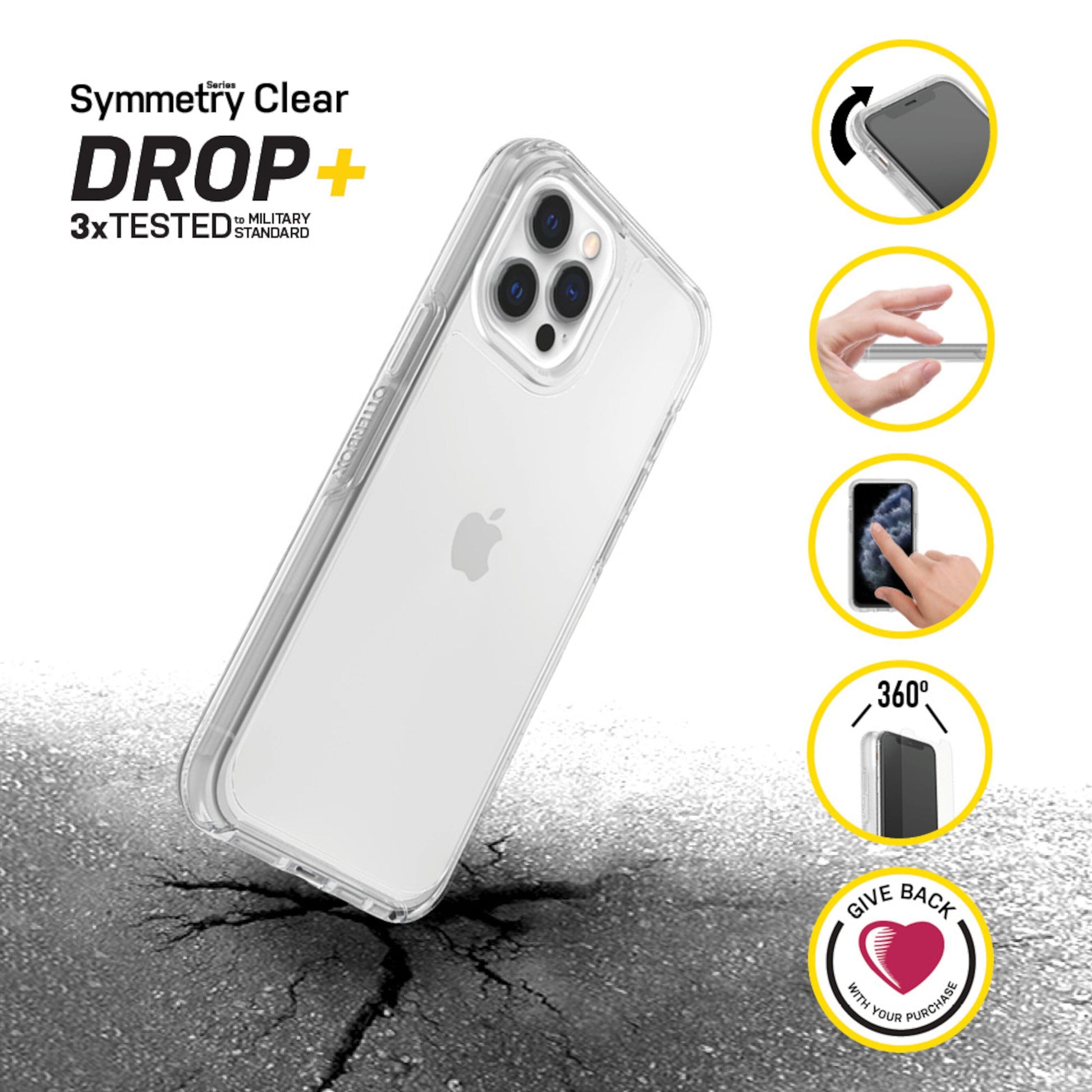 Otterbox Symmetry cover til iPhone 12/12 Pro Klar, DROP+ logo, vises på revnet underlag med fokus på stød- og skærmbeskyttelse.