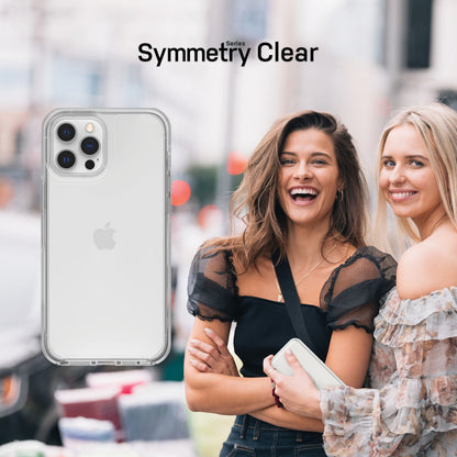 IPhone 12 med Otterbox Symmetry Clear slidstærkt cover til iPhone 12/12 Pro klar, tekst "Symmetry Clear" synlig.