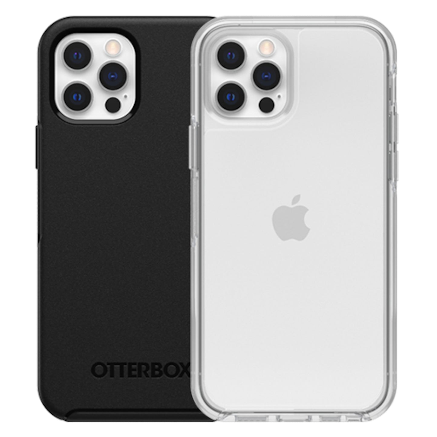 IPhone 12/12 Pro med sort Symmetry etui og klart cover, begge med synlige triple kameraer og Apple-logo.