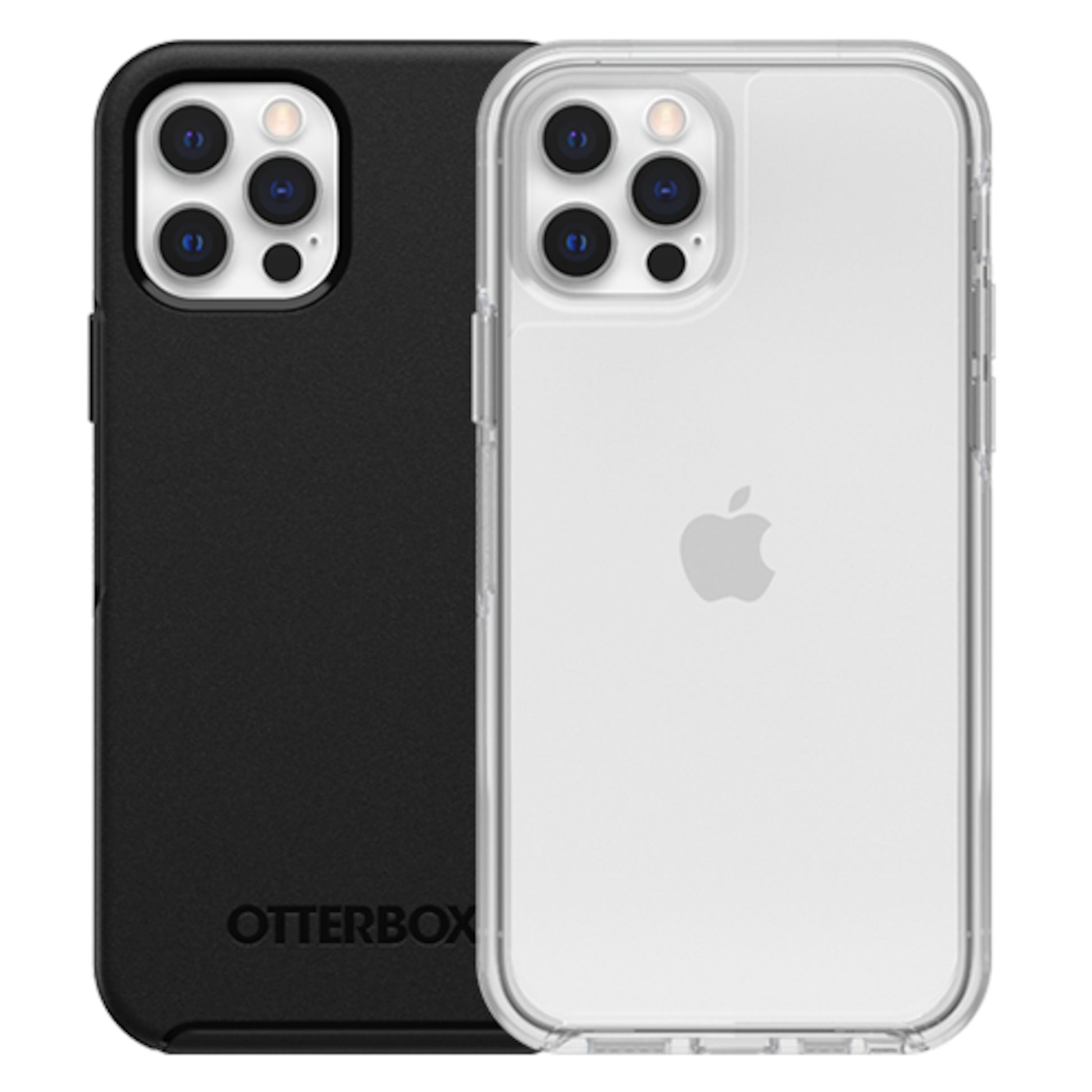 IPhone 12/12 Pro med triple kamera, og med sort cover, og med Otterbox Symmetry Slidstærkt transparent cover.