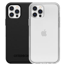 IPhone 12/12 Pro med triple kamera, og med sort cover, og med Otterbox Symmetry Slidstærkt transparent cover.