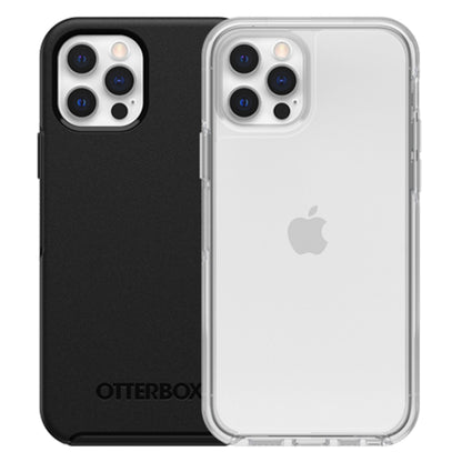 IPhone 12/12 Pro med triple kamera, og med sort cover, og med Otterbox Symmetry Slidstærkt transparent cover.