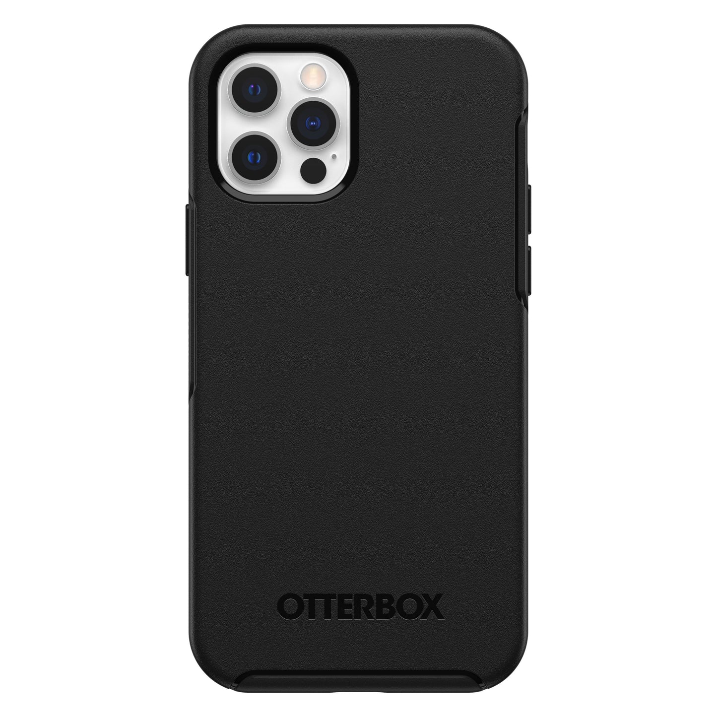 Sort Otterbox Symmetry cover til iPhone 12/12 Pro med åbning til kamera og flash, Otterbox logo præget nederst.