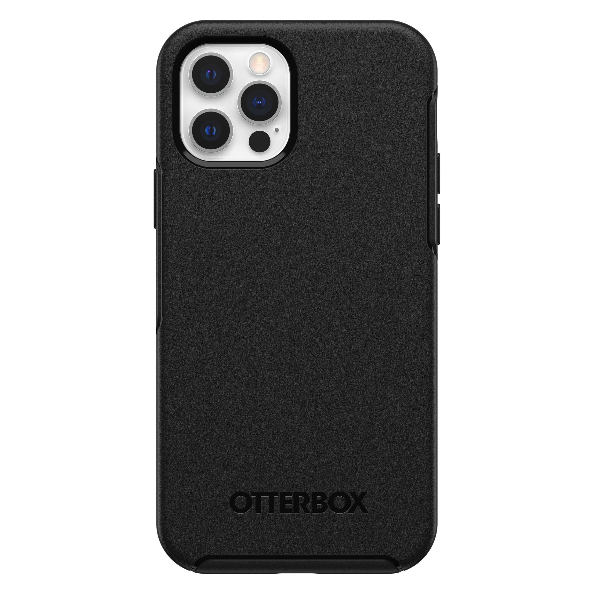 Sort Otterbox Symmetry cover til iPhone 12/12 Pro med åbning til kamera og flash, Otterbox logo præget nederst.