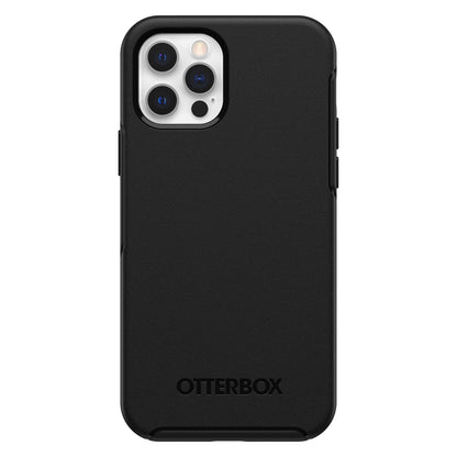 Sort Otterbox Symmetry cover til iPhone 12/12 Pro med åbning til kamera og flash, Otterbox logo præget nederst.
