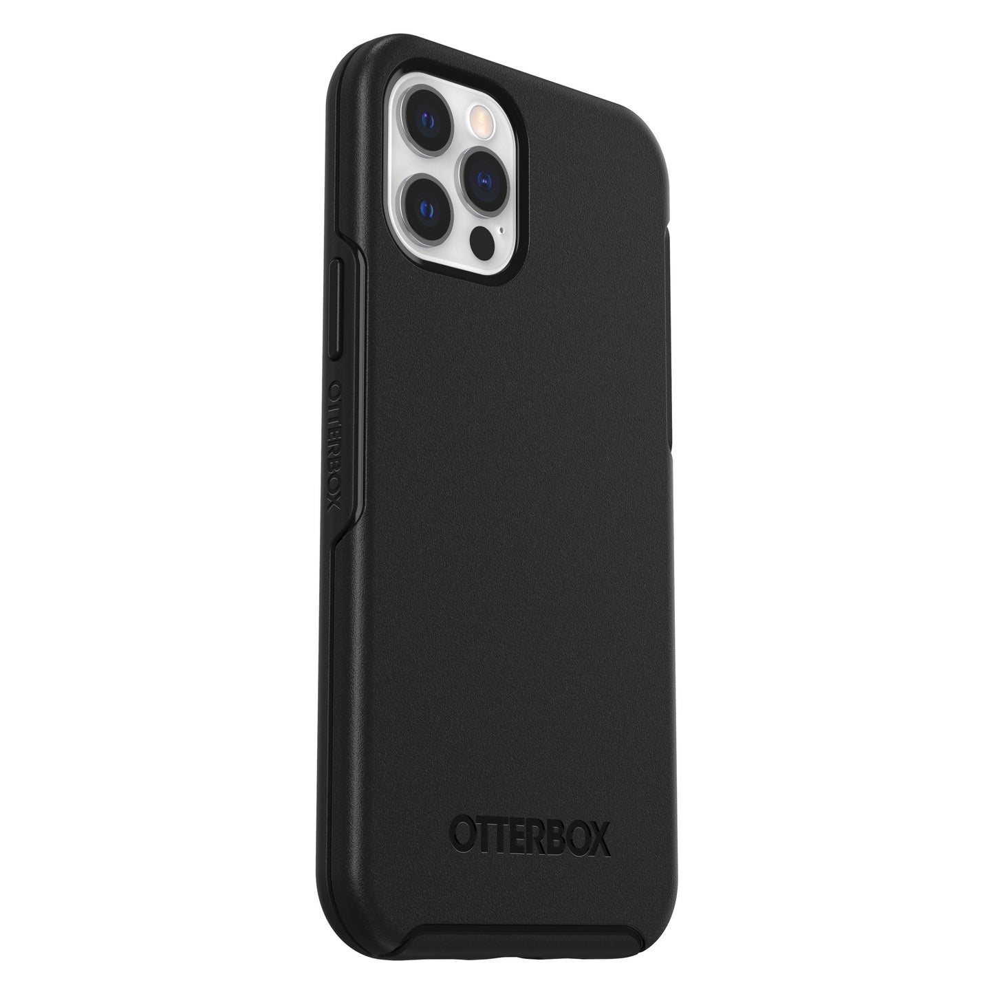 Otterbox Symmetry cover til iPhone 12/12 Pro sort med kameracutout og Otterbox-logo, slankt og glat design.
