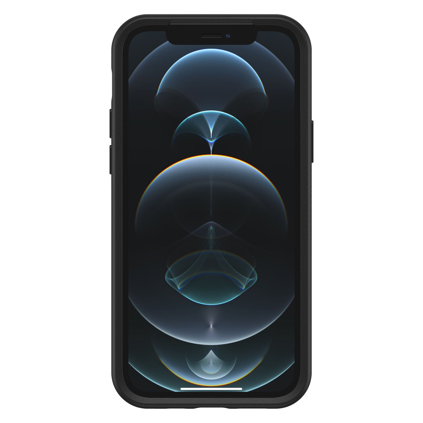 IPhone 12 Pro sort med Otterbox Symmetry etui til iPhone 12/12 Pro, sort cover og blå abstrakt baggrund på skærmen.