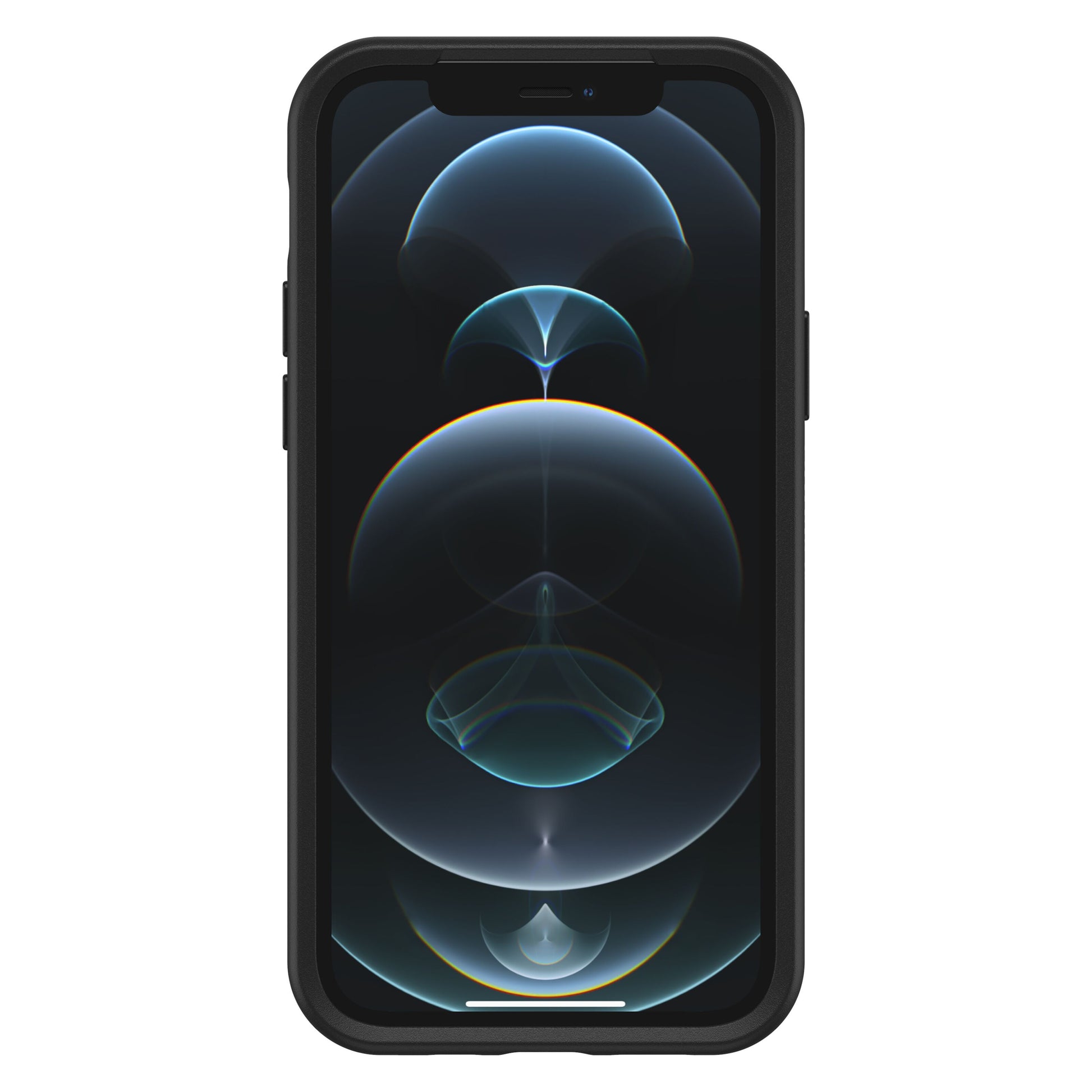 IPhone 12 Pro sort med Otterbox Symmetry etui til iPhone 12/12 Pro, sort cover og blå abstrakt baggrund på skærmen.