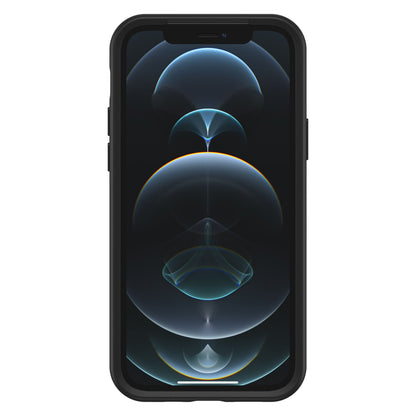 IPhone 12 Pro sort med Otterbox Symmetry etui til iPhone 12/12 Pro, sort cover og blå abstrakt baggrund på skærmen.