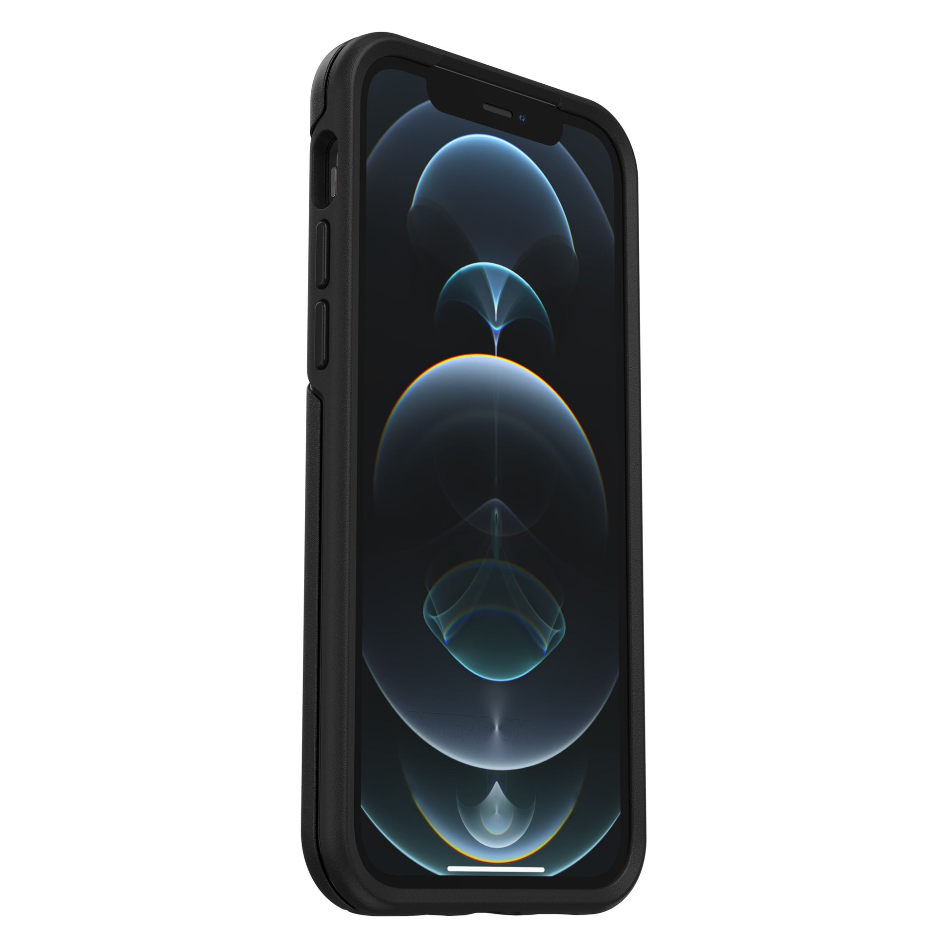 Symmetry etui til iPhone 12/12 Pro sort, viser telefon med mørk abstrakt skærm med blå og hvide cirkulære former.