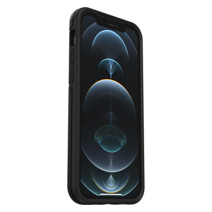 Symmetry etui til iPhone 12/12 Pro sort, viser telefon med mørk abstrakt skærm med blå og hvide cirkulære former.