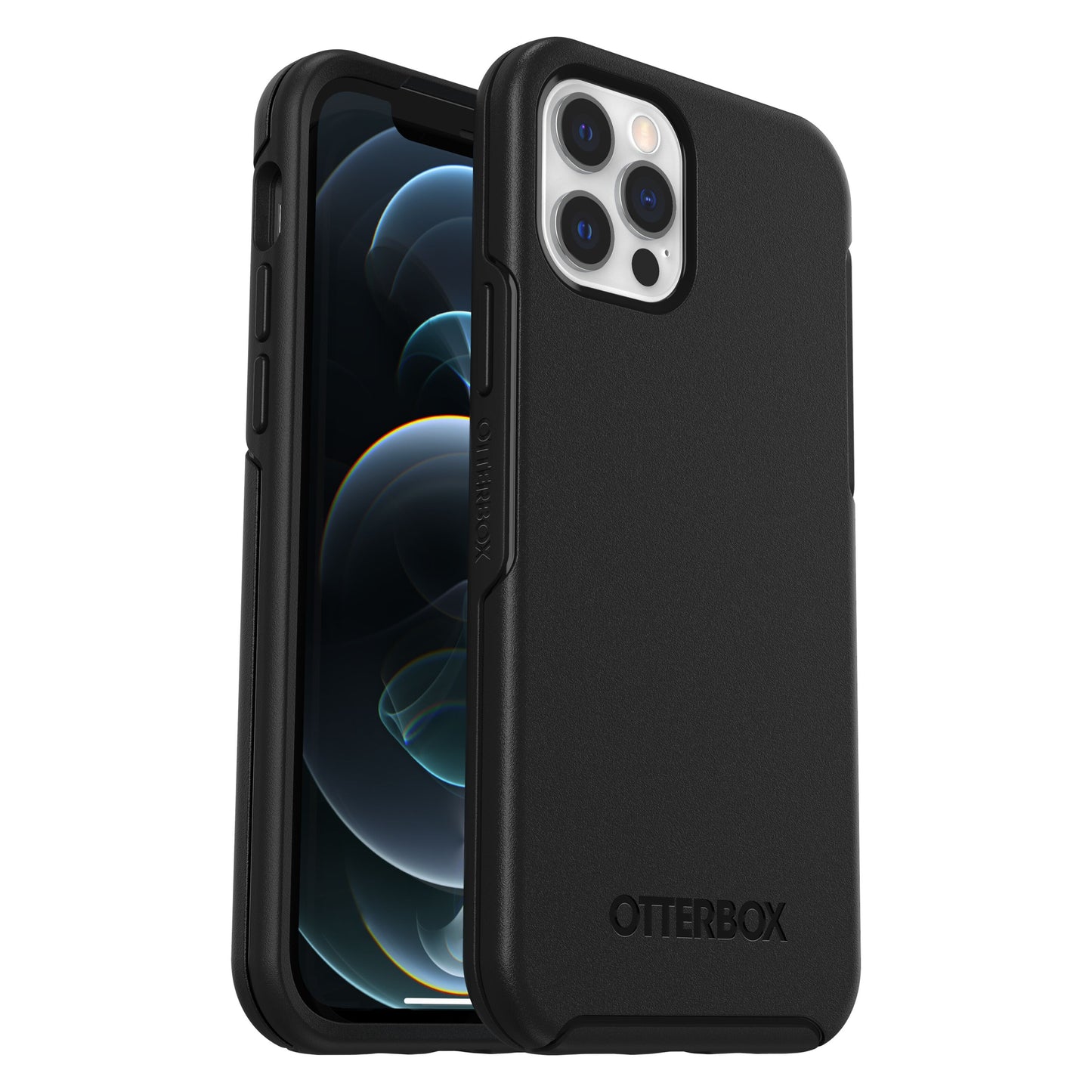 Otterbox Symmetry cover sort til iPhone 12/12 Pro, én viser skærm, én bagside med kamerahul og Otterbox-logo.
