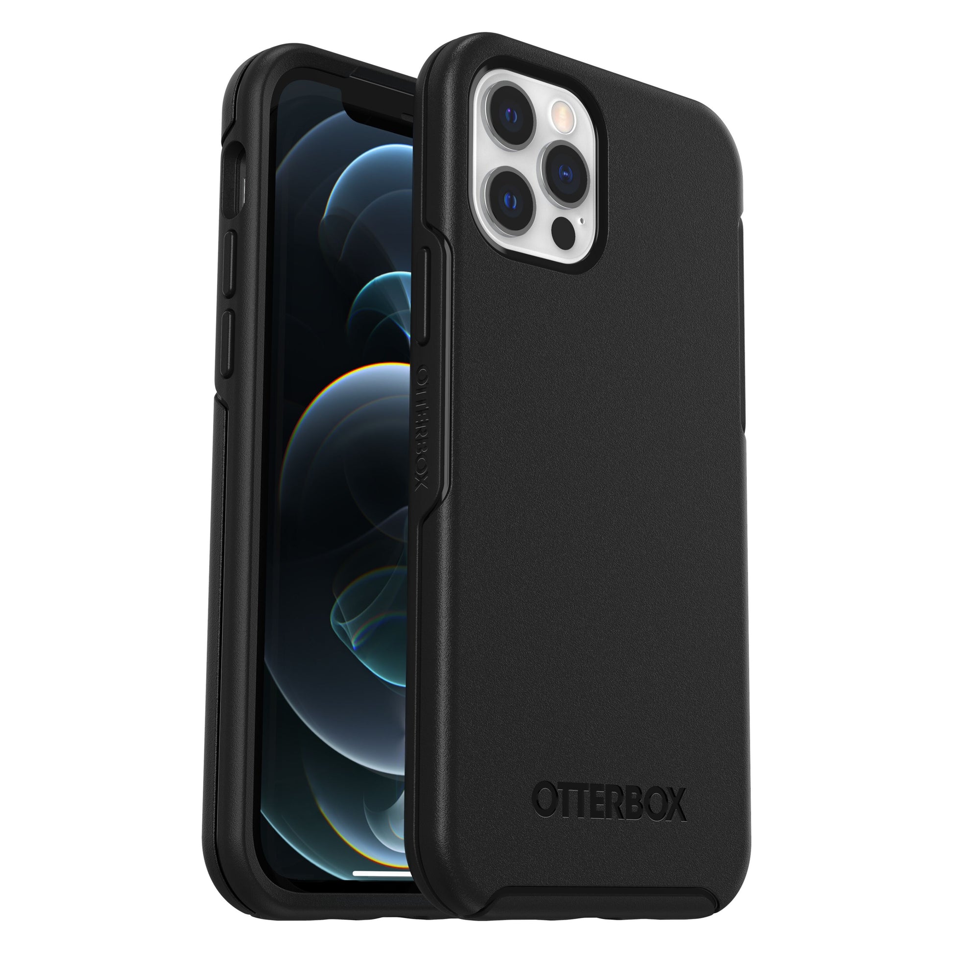 Otterbox Symmetry cover sort til iPhone 12/12 Pro, én viser skærm, én bagside med kamerahul og Otterbox-logo.