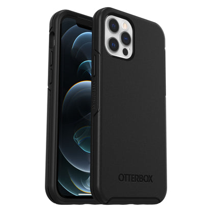 Otterbox Symmetry cover sort til iPhone 12/12 Pro, én viser skærm, én bagside med kamerahul og Otterbox-logo.